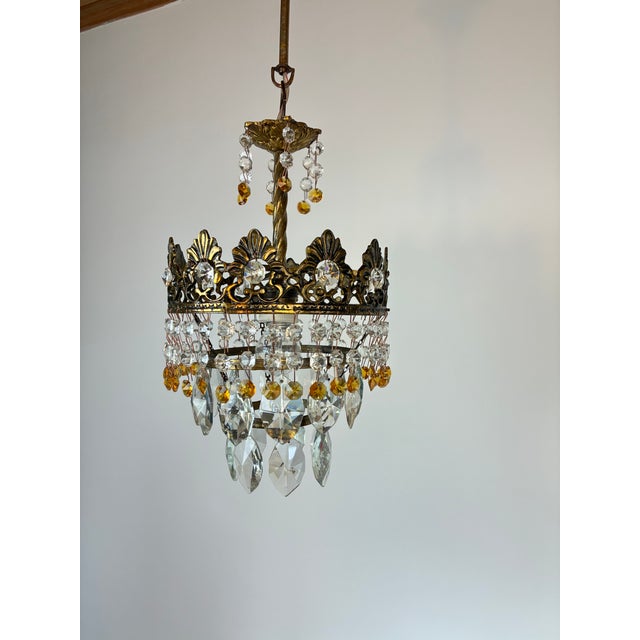 Rare Vintage Brass Crystal Chandelier | 1960s | Amber & Clear Crystal Pendant Light For Sale - Image 4 of 16