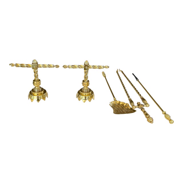 Late 20th Century Aesthetic English Brass Fireplace Andiron Set - 5 Pieces For Sale