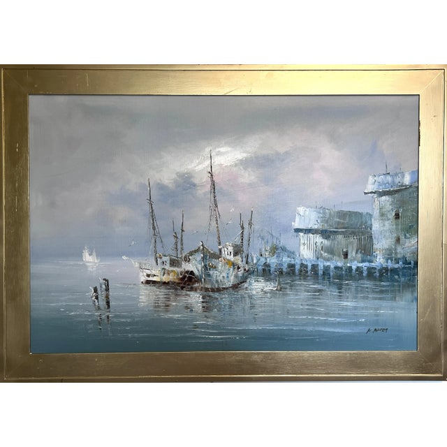 This original oil painting on canvas by artist K. Basset captures a serene and atmospheric harbor scene. Two docked...
