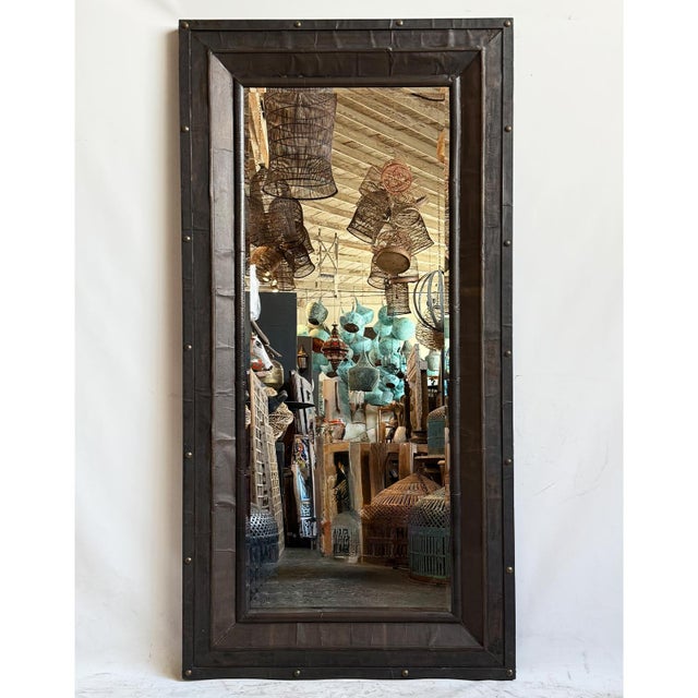 Vintage Industrial Black Metal & Brass Stud Mirror For Sale In Los Angeles - Image 6 of 6