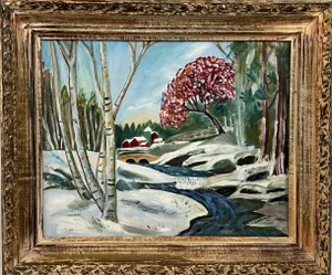 Winter Landscape Painting by Lemay — 1968 Original Oil on Canvas in Ornate Frame