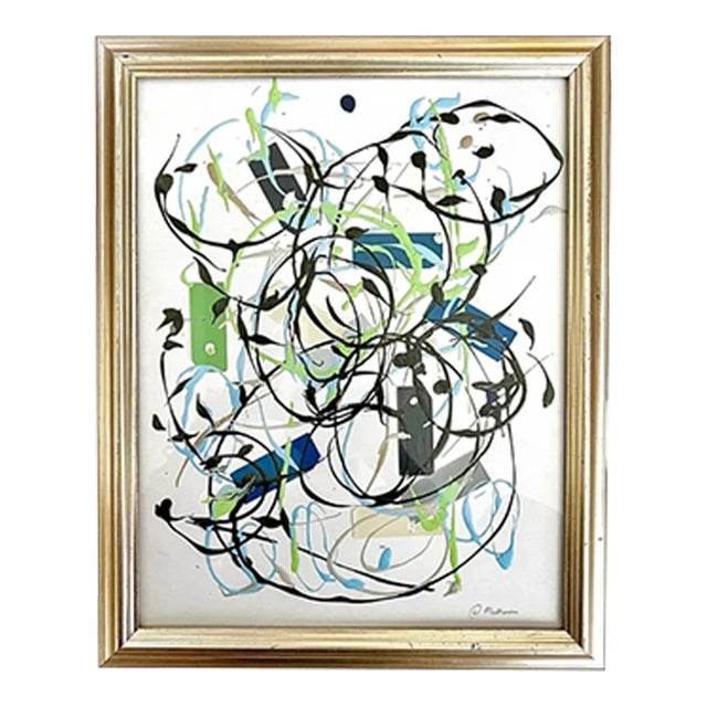 Framed Original Abstract Painting, Acrylic Mixed Media Art in Distressed Metallic Frame For Sale