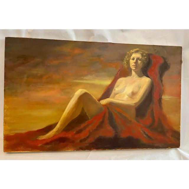 Vintage Oil on Canvas Painting of a Nude Woman on Red Fabric For Sale - Image 9 of 9