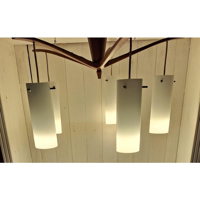 Vintage Mid-Century Danish Five-Light Ceiling Cascade Lamp with Teak Frame and White Satin Glass Shades, 1960s For Sale - Image 12 of 12