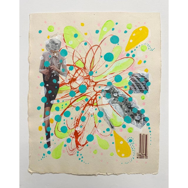 A colorful work on paper from mid career artist Ben Junta Acrylic, Collage, Ink on Paper 14.75" x 12"