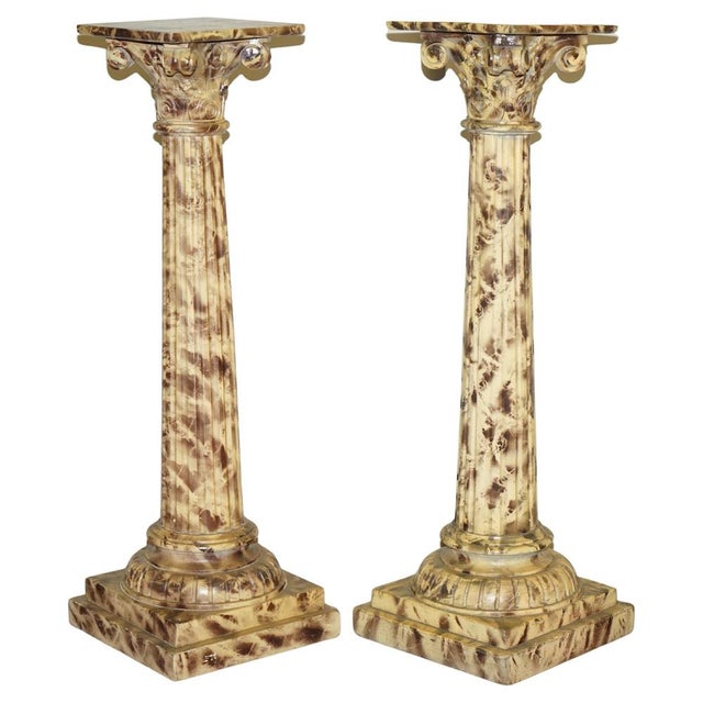 Hand Carved Corinthian Pillar Pedestal Stands in Faux Marble Paint, 1940s, Set of 2 For Sale - Image 17 of 17