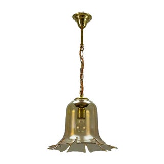 Vintage Bell-Shaped Glass and Brass Pendant Lamp For Sale