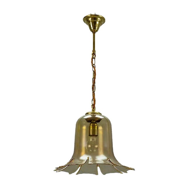 Vintage Bell-Shaped Glass and Brass Pendant Lamp For Sale