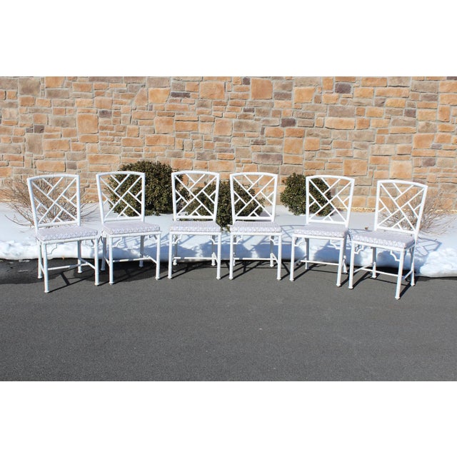 Hollywood Regency Chinoiserie Faux Bamboo Aluminum Patio Chairs—Set of 6 For Sale - Image 18 of 18