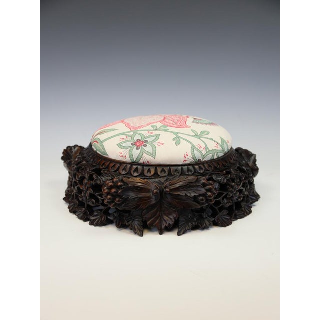 A Rare "Virtuoso" Mid-Victorian Sculptural Stool Traditionally Upholstered in Bennison ‘Banyan’ Hand-Printed Linen The...