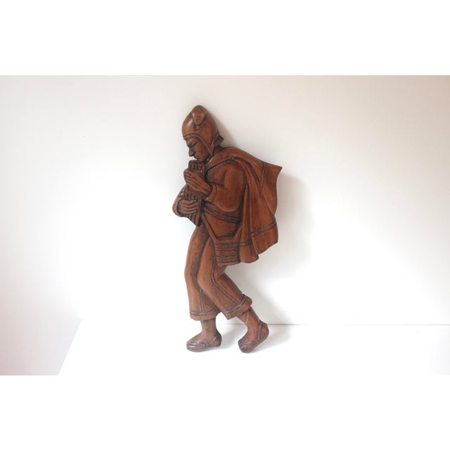 Vintage Carved Wood Man Wall Hanging Pied Piper or Peasant Wall Art For Sale - Image 4 of 9