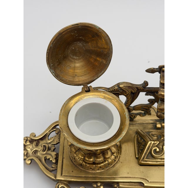 Vintage Ornate Baroque Revival Cast Brass Double Inkwell Desk Set With Porcelain Liners For Sale - Image 4 of 17
