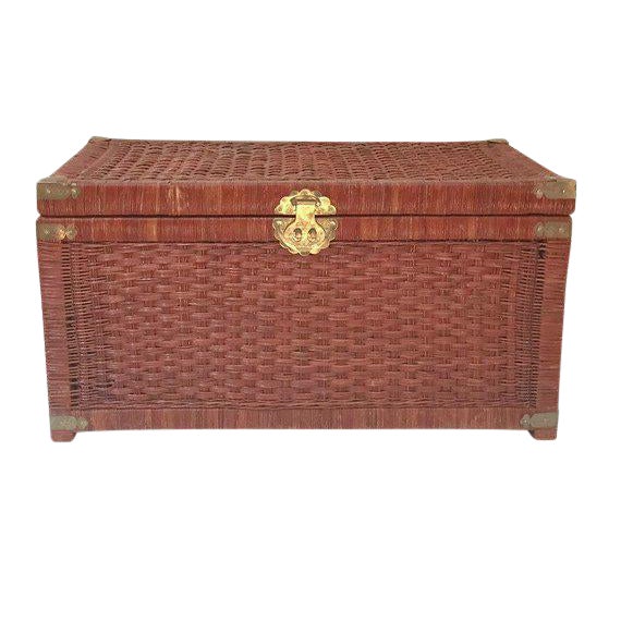 Vintage Rattan Trunk Woven Wicker Blanket Chest Chinese Brass Hardware