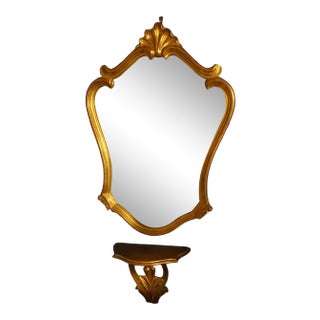 Vintage Hollywood Regency Gilt Wall Mirror With Matching Console Shelf For Sale