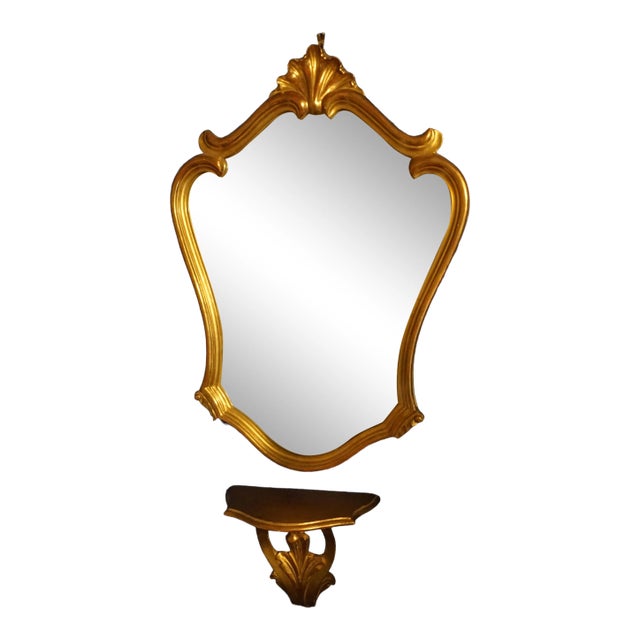 Vintage Hollywood Regency Gilt Wall Mirror With Matching Console Shelf For Sale