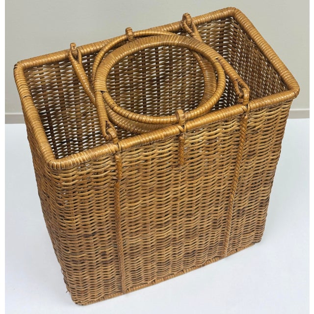 Wood Vintage Tall Woven Wicker Basket With Round Handles For Sale - Image 7 of 7