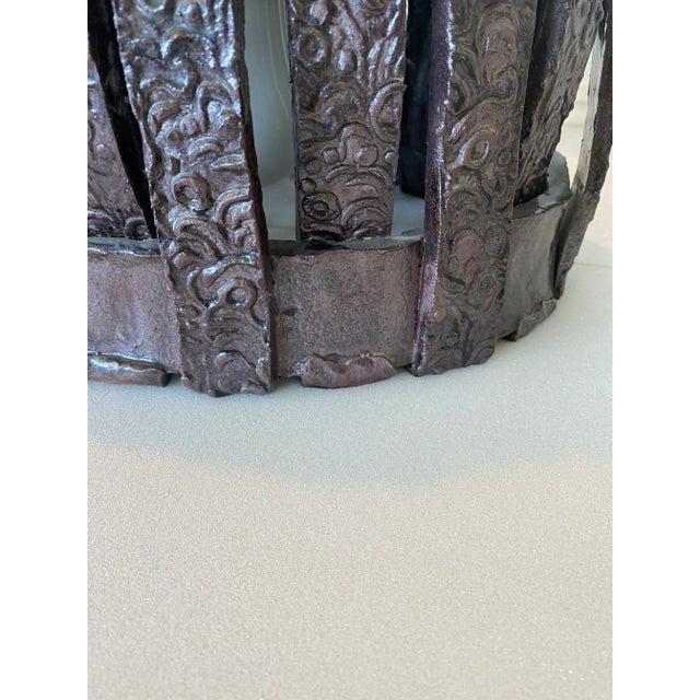 Brown 1970s Handcrafted Brutalist Ceramic Pendant Light With Leather Cord For Sale - Image 8 of 12