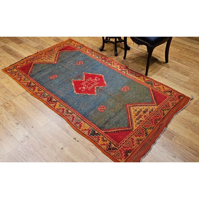 Late 20th Century Vintage Moroccan Rug, Hand-Knotted Wool, Geometric Pattern, Green & Yellow, 4’ X 6’ For Sale - Image 5 of 18