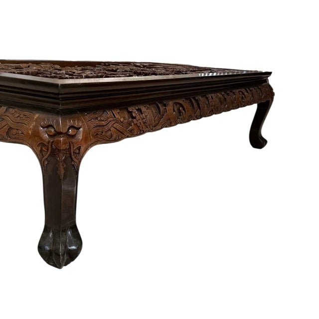Mid 20th Century Asian Hand-Carved Solid Teak Coffee Table - Glass Top, For Sale - Image 11 of 12