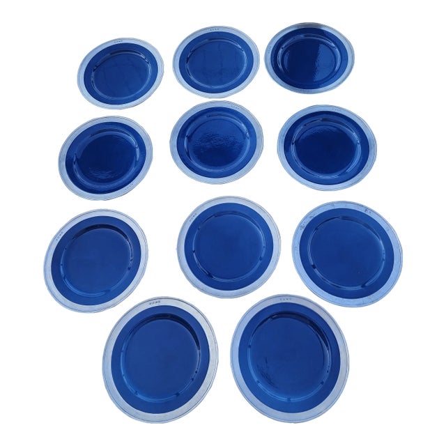 Match Pewter Rimmed Blue Plates 11 For Sale