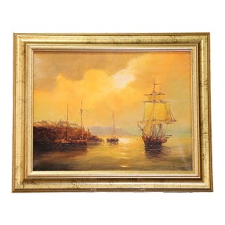 Mid 20th Century Mid-Century French Coastal Oil Painting in Gilt Frame Signed Georges Quintaine For Sale