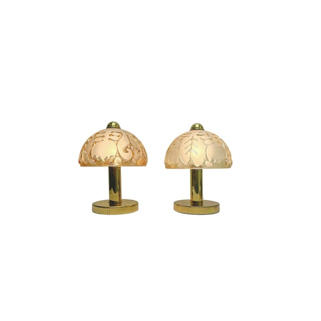 Hollywood Regency Brass and Relief Glass Mushroom Table Lamps from Peill & Putzler, 1970s, Set of 2 For Sale - Image 3 of 12