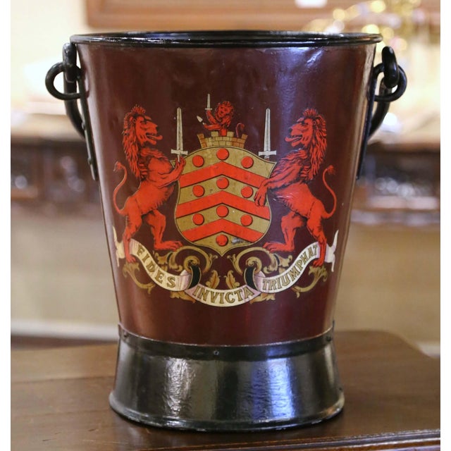 English Early 20th Century English Hand-Painted Iron Coal Bucket With Coat of Arms For Sale - Image 3 of 5