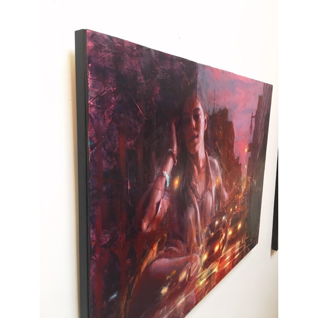 Contemporary City Life by Christopher Clark | Oil on Wood Panel Night scene of a woman and city traffic. For Sale - Image 3 of 3