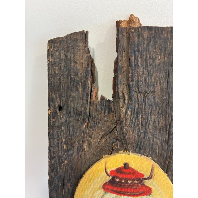 Farmhouse Original Folk Art Lantern Painting on Reclaimed Wood Rustic Primitive Wall Sculpture For Sale - Image 3 of 10