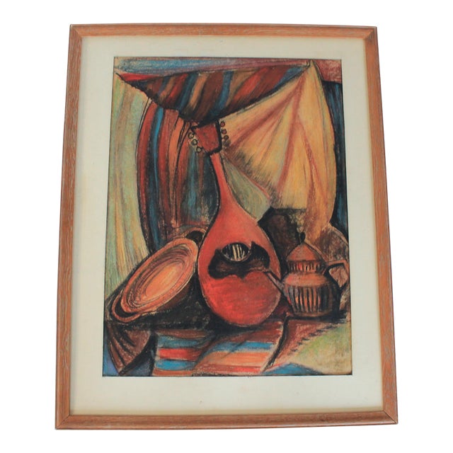 Vintage 1960s Musical Instrument Still Life Pastel Framed Art For Sale
