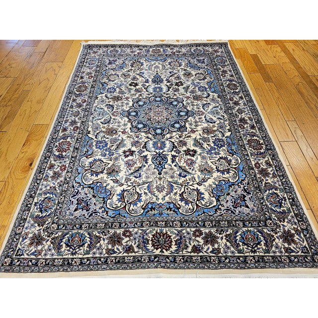 Textile Vintage Tabriz Design Area Rug, Hand-Knotted Wool, Floral Pattern, Ivory & Blue, 6x8 For Sale - Image 7 of 18