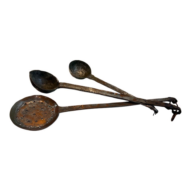 Antique Hand-Forged Iron Cooking Ladles – Set of 3 Rustic Kitchen Utensils For Sale