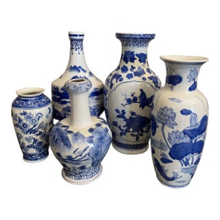 Collection of Export Blue & White Vases, S/5 For Sale
