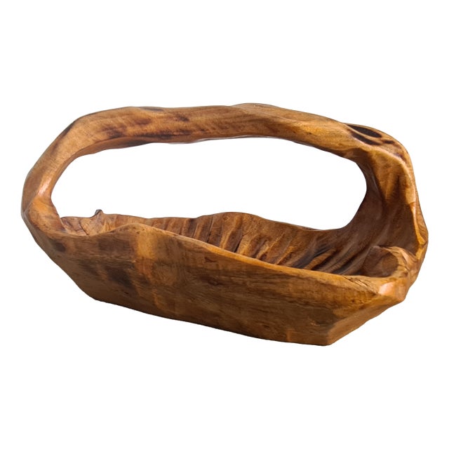 Vintage Brutalist French Hand Carved Wood Basket Bowl Organic Centerpiece, 1950 For Sale