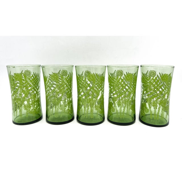Vintage Green Fern Botanical Highball Glasses – Mid-Century Modern / Tropical - Set of 5 For Sale - Image 9 of 13
