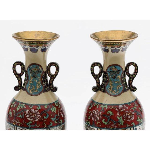 Pair Japanese Cloisonne Enamel Vases With Phoenix Panels Meiji Period For Sale - Image 4 of 10
