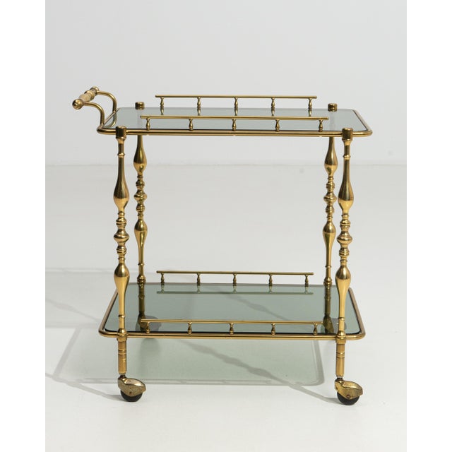 Hollywood Regency Brass Bar Cart on Wheels, France, 1960 Gold For Sale - Image 4 of 13