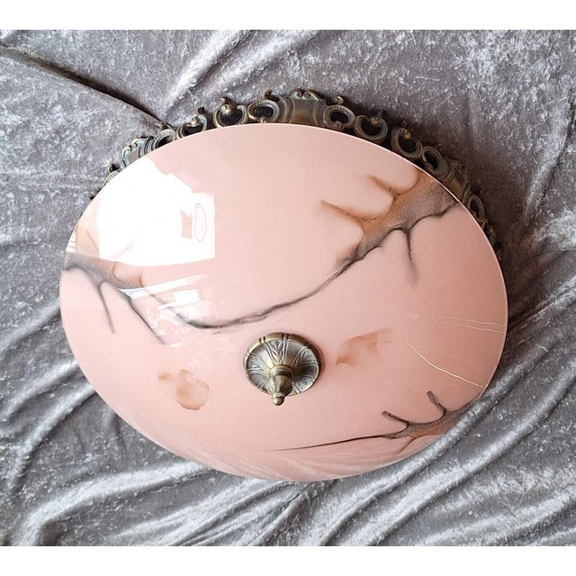 Vintage Ceiling Lamp with Patinated Metal Mounting and Pink Marbled Glass Shade by Honsel, 1990s For Sale - Image 4 of 11