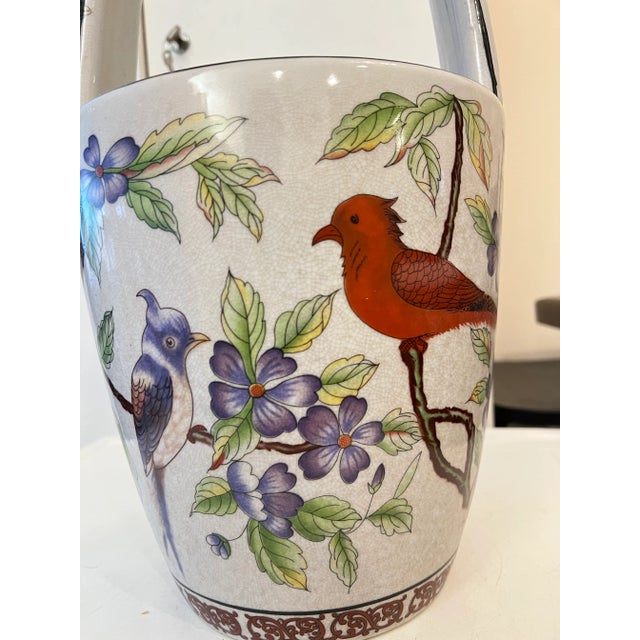 Boho Chic Vintage Floral & Bird Ceramic Water Bucket Vase/Planter For Sale - Image 3 of 12