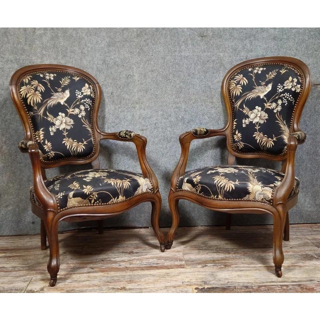 Napoleon III Mahogany Armchairs with Silk-Like Upholstery For Sale - Image 5 of 8