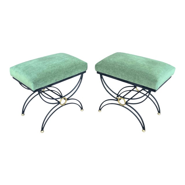 1980s Hand-Forged Sculptural Wrought Iron Accent Benches in Dark Green Mohair- A Pair For Sale