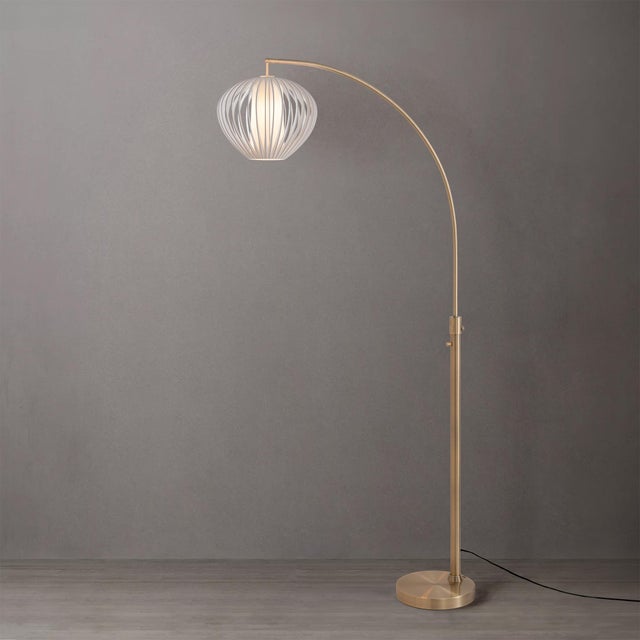 Mid-Century Modern Bloom Float Chairside Arc Lamp - Weathered Brass, Steel Base, Sphere White Satin Shade, 92" Height For Sale - Image 3 of 7