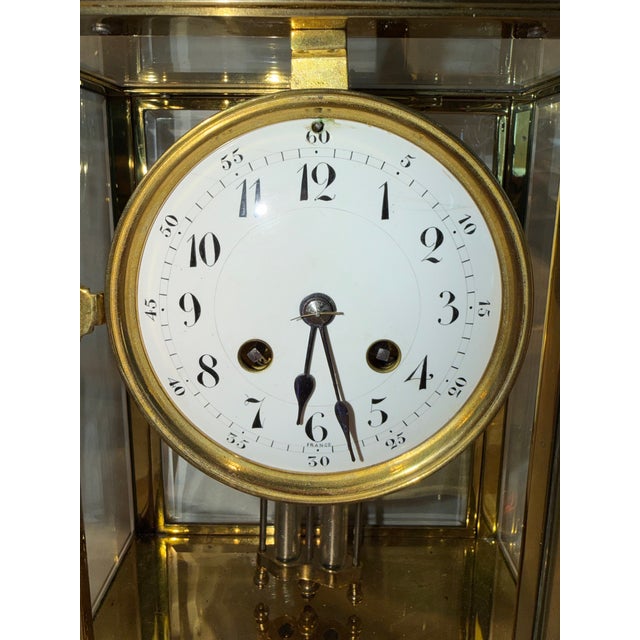 Antique French Art Deco Crystal Regulator Mantel Clock With Curved Glass For Sale - Image 4 of 12