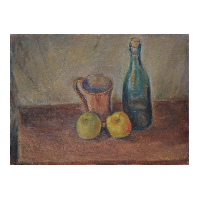 Vintage Still Life Painting of Wine Bottle With Apples For Sale