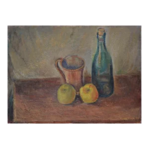 Vintage Still Life Painting of Wine Bottle With Apples