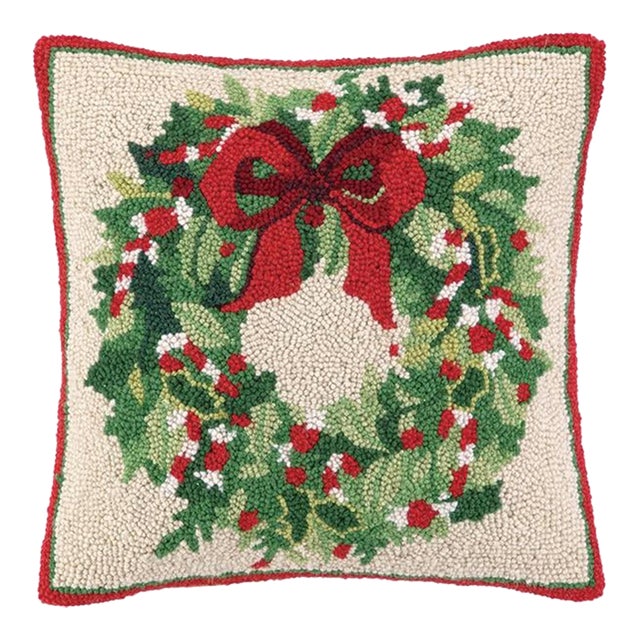 Classic Christmas Wreath Hook Pillow 16" x 16" For Sale