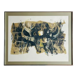 1960’s Vintage Original Framed Abstract Lithograph Black & Gold