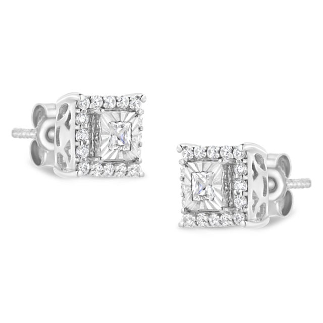 Contemporary .925 Sterling Silver 1/4 Cttw Princess and Round Cut Diamond Halo Stud Earrings For Sale - Image 3 of 6