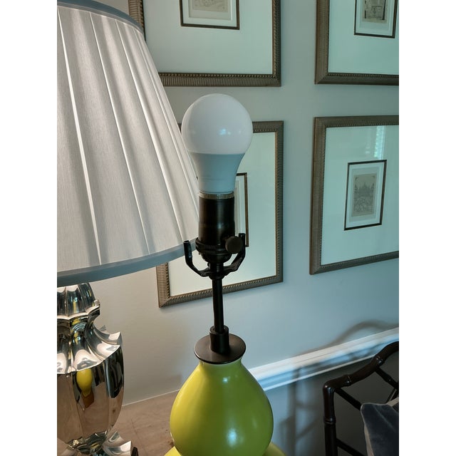 Chinese Monochrome Chartreuse Porcelain Double Gord Lamp With Wooden Base For Sale - Image 4 of 12