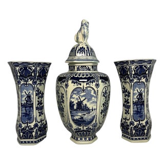Vintage Three-Piece Windmill Garniture Set in the style of Boch Delft, 20th Century, 1950s, Set of 3 For Sale